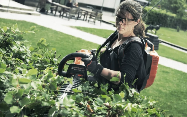 Žena obrezuje živicu s Husqvarna škarama na baterijski pogon na leđima